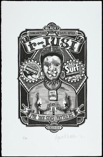head and torso of black woman with stars covering her nipples and two Band-Aids across her mouth, wearing a jeweled tiara, two necklaces (one with pendant reading, "NET / BLANKES") and earrings--one with antelope skull and one with wheel; two faux logos for shoe polish and detergent on either side of her head; text and top and bottom
i-jusi is the name of an internationally renowned, experimental South African graphic design magazine edited and published by graphic artist Garth Walker. Roughly translated as “juice” in Zulu, i-jusi was first released in 1995, one year after the end of apartheid in South Africa, as a cultural and artistic response to the country’s newly established democratic state. For 15 years, i-jusi has encouraged South African artists to remove themselves from the influence of Western aesthetics and create “a visual language rooted in the African experience.” At its very core, the publication asks the question, “What makes me African'” The i-jusi Portofolio features examples of the most iconic images by South African artists who contributed to the magazine during its run, including David Goldblatt, Anton &amp; Mark Kannemeyer, Brandt &amp; Conrad Botes, Brode Vosloo, and Pieter Hugo. The portfolio consists of 10 lithographs, each signed by the artist, which were selected by designer Garth Walker and art publisher and gallerist Gavin Rooke. The portfolio is a survey of i-jusi’s long history as well as a condensed visual documentary of South Africa’s artists as they journey through the aftermath of apartheid.