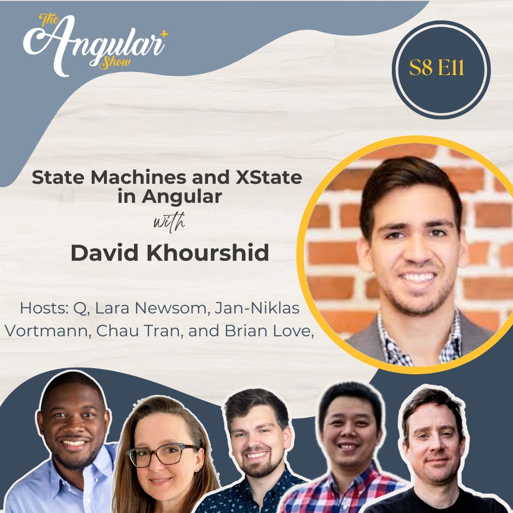 The Angular+ Show logo. S8E811. “State Machines and XState in Angular with David Khourshid. Hosts  Q, Lara Newsom, Jan-Niklas Vortmann, Chau Tran and Brian Love."  Photos of the hosts. Photo of David . 
