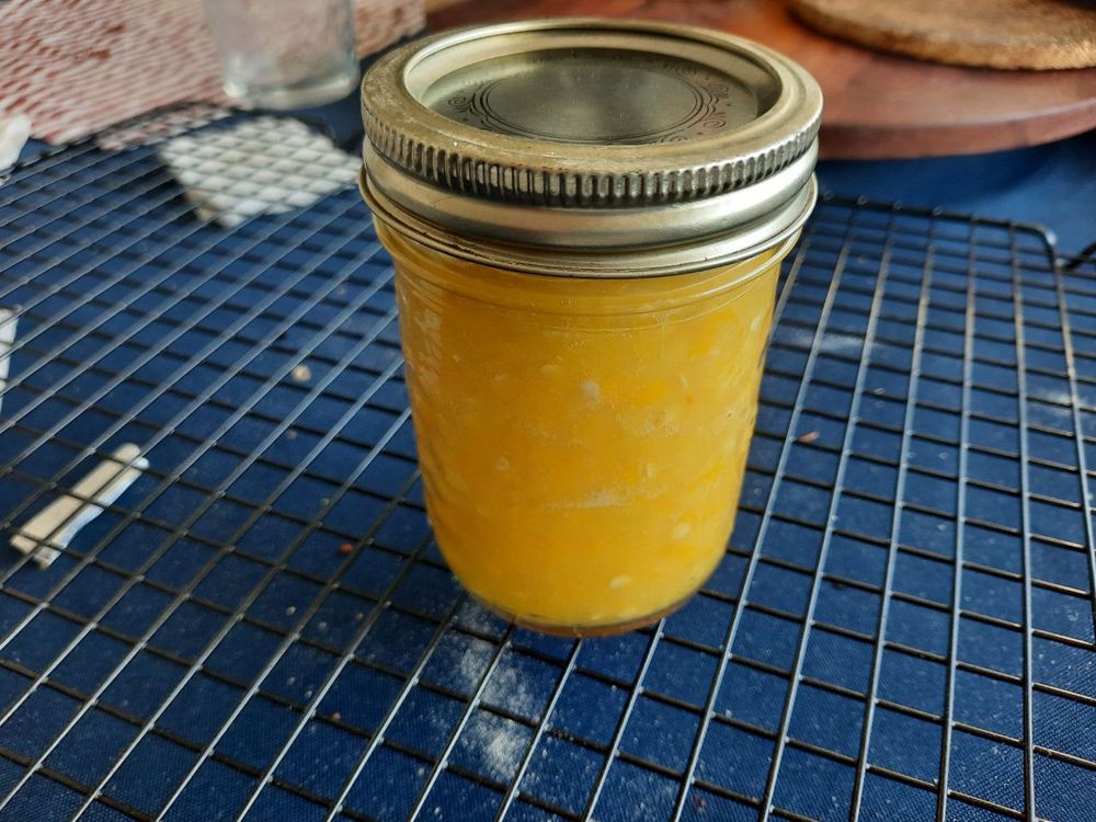 A small mason jar filled with bright yellow hot sauce blended from Ho Chi Minh cayenne peppers, onion, garlic, and salt.