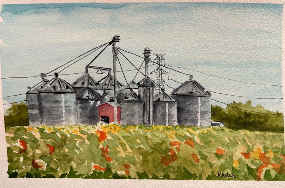 It’s a field of indeterminate crops with some big metal silos in the middle ground. 