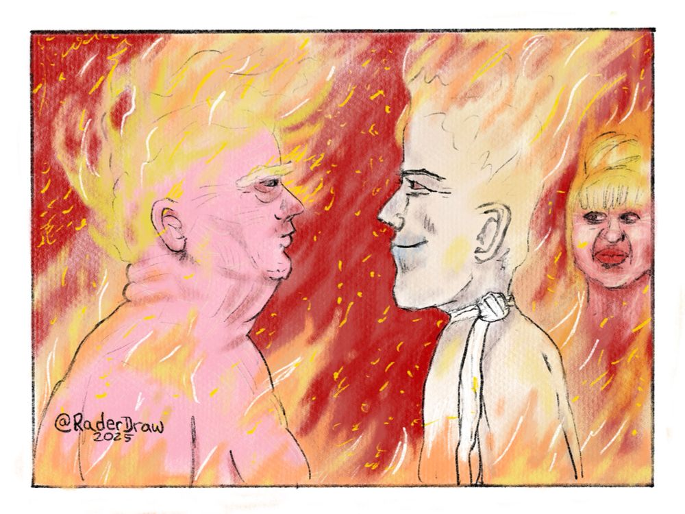A single-panel cartoon of trump meeting Jeffrey Epstein again in Hell. Both of them are on fire. Ivana trump, who reportedly helped Ghislaine Maxwell hunt for girls, looks on. There are no words. 