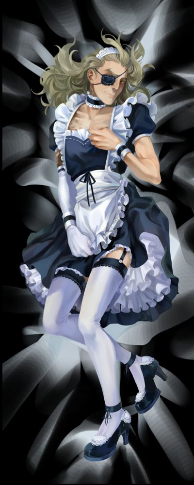 As described in skeet. His hair is especially lusciously spilling on the background of a white sheet. The maid dress is black with a lot of white frills and an apron; he is also wearing a matching headband, choker, wrist cuffs, thigh-high white silky stockings with garterbelt showing, and high heels mary jane shoes. He also has a black eyepatch with frilly lining, and a single long white silky glove almost entirely covering his right arm. A glimpse of charred and/or rotting flesh is just visible peeking in the gap with the sleeve, as well as out of the wide neckline of the dress.