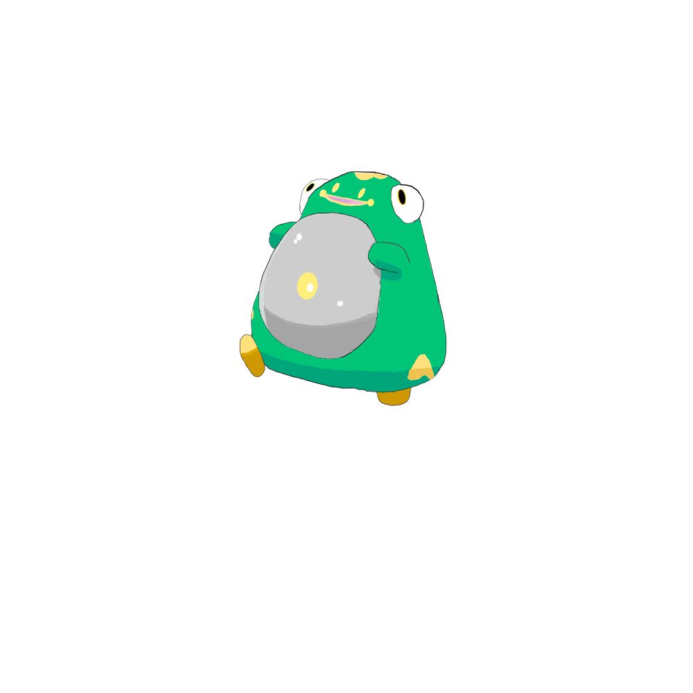 A drawing of the Pokémon Bellibolt which Bulbapedia describes as such. Bellibolt is a large, rotund, amphibian Pokémon. Its elastic and squishy body is primarily green in color, with orange patterns on its head, back, and lower body, along with small orange feet. The pattern on its head is shaped like a rounded cross, while the patterns on its lower body are chevron-shaped.

Bellibolt has two white eyeball like bumps on the sides of its head, although they do not function as such. On the center of Bellibolt's face are its actual eyes, which are small, yellow, and resemble nostrils; along with its mouth, which has orange lips and small yellow cheek patches. Bellibolt's gray belly is covered with a semi-transparent membrane and has a yellow organ inside that resembles a navel.