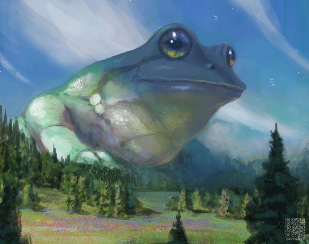 A giant green frog towers above a forest