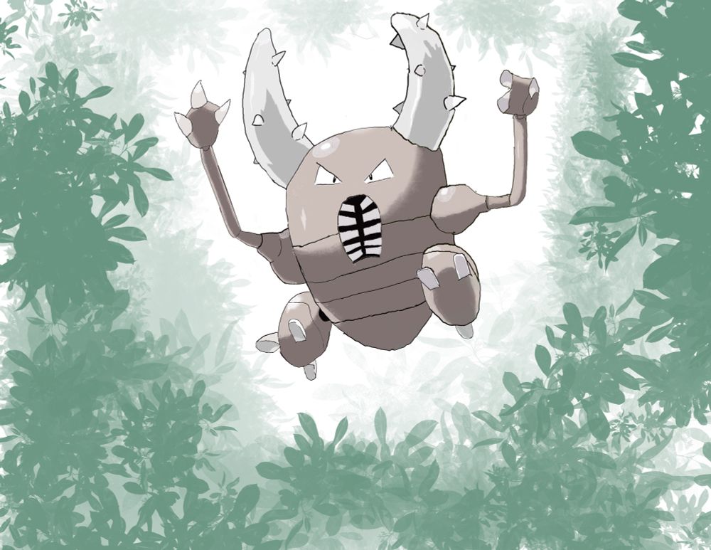 A drawing of the pokemon Pinsir jumping out of a clearing in some vegetation as though to ambush prey. Pinsir is described as such by Bulbapedia “Pinsir is a bipedal, coleopteran insectoid Pokémon with a wide, dull-brown body divided into segments by thin lines. On top of its head is a large pair of gray, spiky pincers on top of its head. In its mouth are many long, flat teeth arranged horizontally, and it has triangular eyes. Its legs are short and thick, while its arms are long and thin. It has three claws on each hand and foot; two of its toes face forward and one backward.”