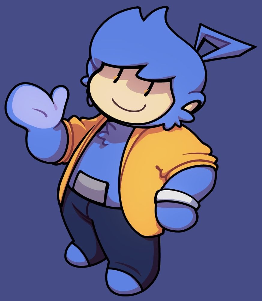 artwork of a purplish-blue teletubby waving at the viewer. he's wearing a simple yellow jacket, dark blue pants and a simple white bracelet on his left wrist. his antenna is a triangle with a funky shape and sharp ends