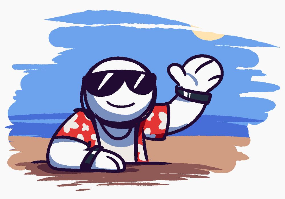 guy wearing sunglasses and a tropical jacket sits at a table and waves at the viewer. behind him is a simply drawn beach