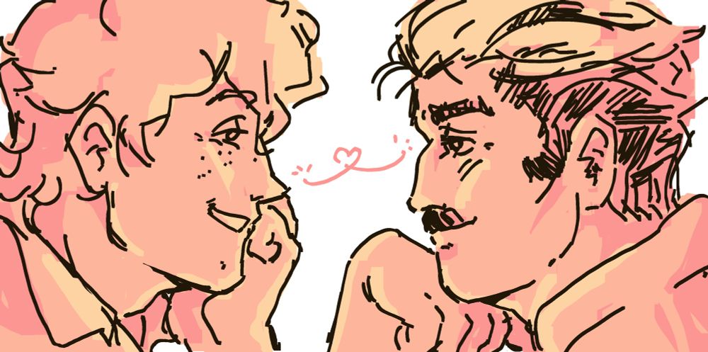 Herlock Sholmes and Yuujin Mikotoba in profile, colored in a rosy palette. They lean inwards facing each other, chins resting on their hands. Both are smiling with great fondness.