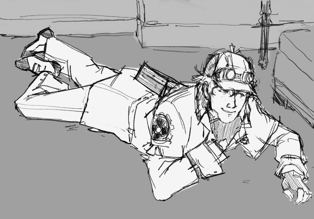 Herlock Sholmes from the great ace attorney, referenced from a photo of Jimmy Stewart. He’s laying on a living room floor on his stomach, with his chin propped up on his hand. He’s smirking cutesily at something out of view.  