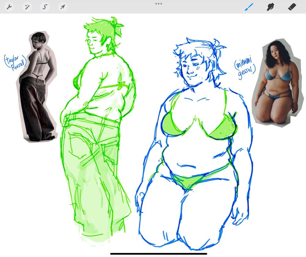 two digital sketches of ryuunosuke naruhodou, drawn as a woman. the first is of her from the back in a bra and jeans, referenced from a photo of model Taylor Russell. the second is of her kneeling in a two piece swimsuit, referenced from a photo of Minami Gessel. She’s smiling serenely in both. 