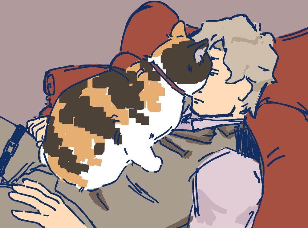 Herlock Sholmes stiffly reclining on the 221B living room chaise, with Wagahai (a striped calico cat) sitting on his chest and pressing her nose into his. Sholmes is uninterested and inemotive, gazing deadpan through her into the middle distance.