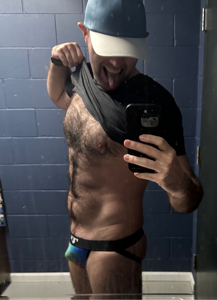 New year, new hat! Showing off the front side of my MCE creations jock and plenty of chest fur ;)