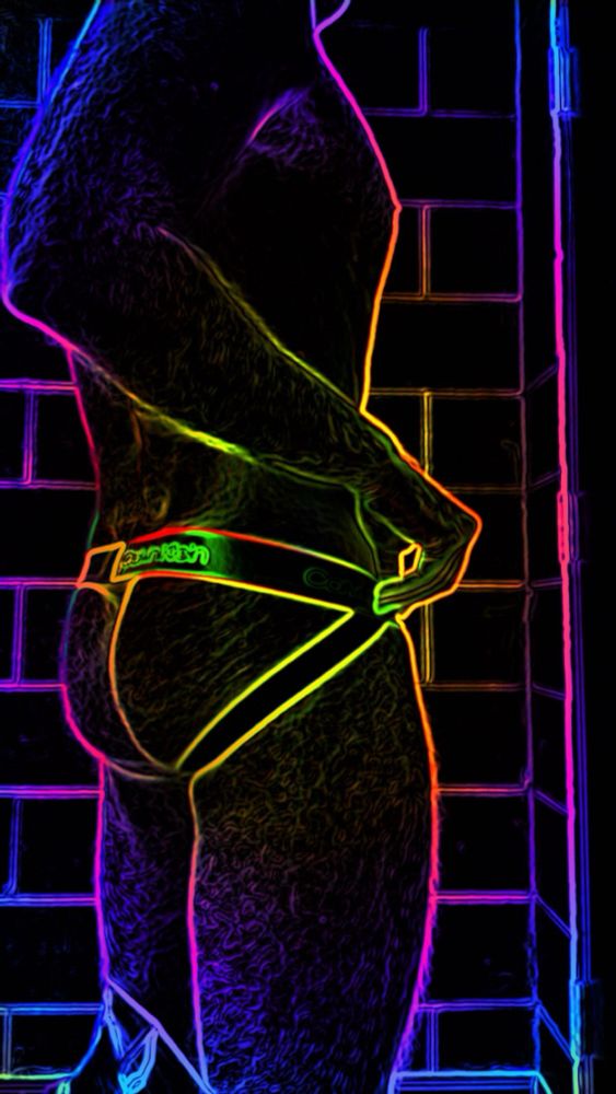 Snapchat neon light filter photo of me in my Calvin Klein jockstrap showing off the backside.