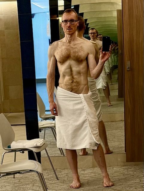 Me, in a towel. So you'll have to speak up.