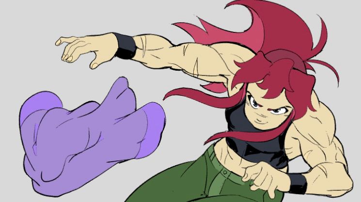 Redhead ponytail throwing purple hoodie down. 