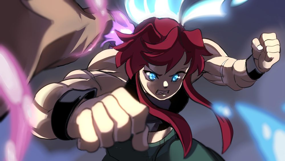 Buff redhead with blue-flame ponytail punches camera in 1920x1080. 