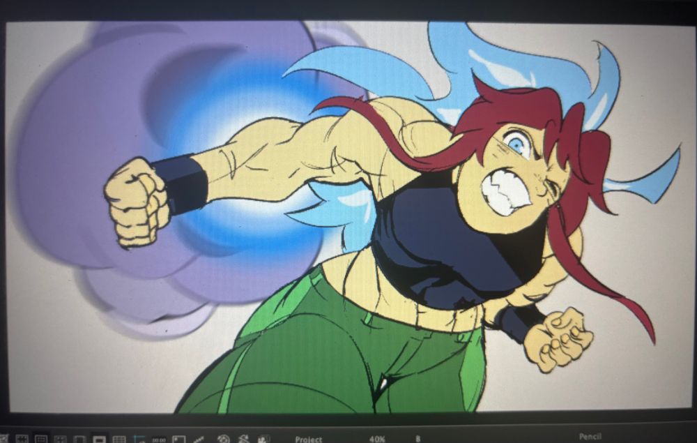 Screengrab of buff girl with elbow rockets punching towards camera.