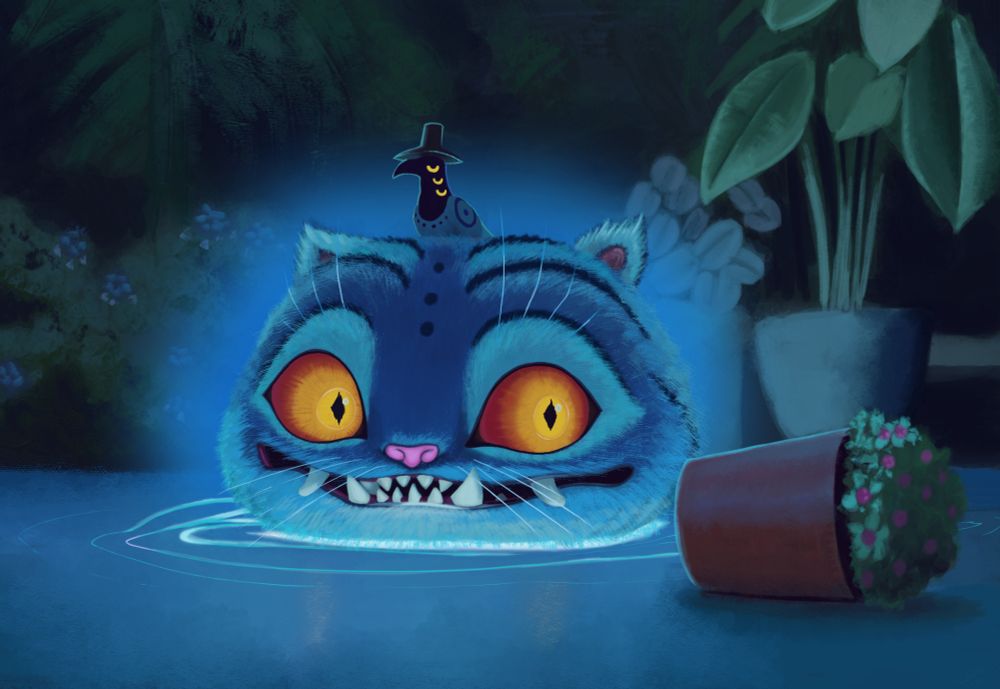 study of the scene from KPop Demon Hunter where the derpy tiger decends into a glowing puddle. The tiger is looking at the fallen over potted plant in the foregeound. the 3 eyed bird with a top hat, Sussy, is on his head giving no cares. The tiger is blue with large red and yellow eyes. behind them is various plants illuminated by the glowing puddle.
