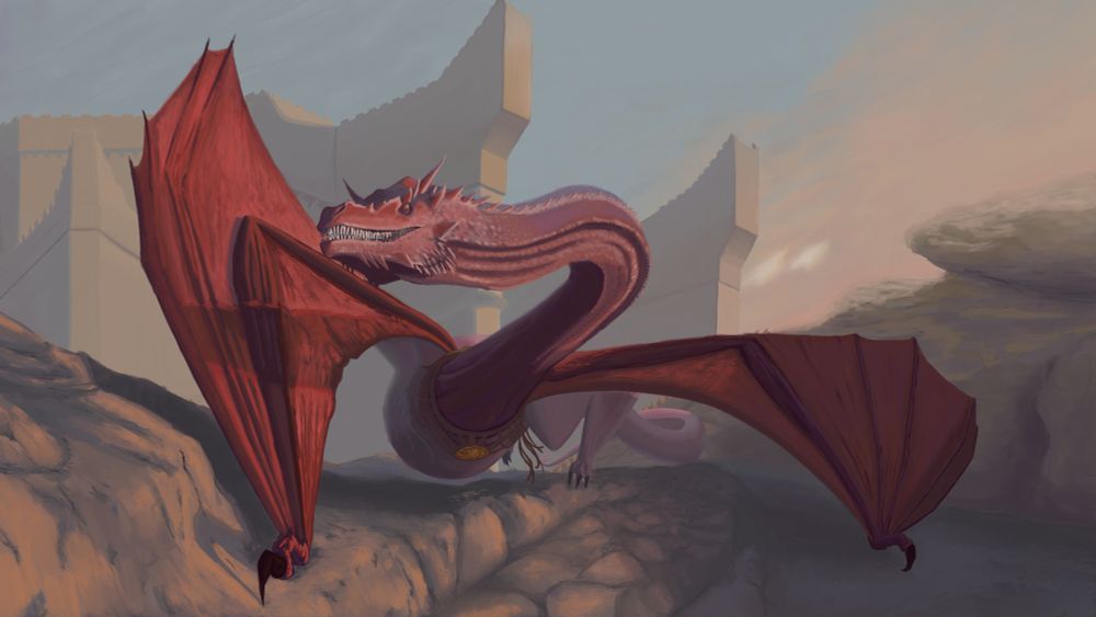 Caraxes the Red Wyrm from "Fire and Blood" and House of the Dragon. Caraxes is a long snake-like slender red dragon. His head is similar to an alligators with devil horns with a beard of horns. Mid-stride, he walks awkwardly forward with one wing in front. In the distance is the castle Dragonstone and beyond the sky shows a sunset. 