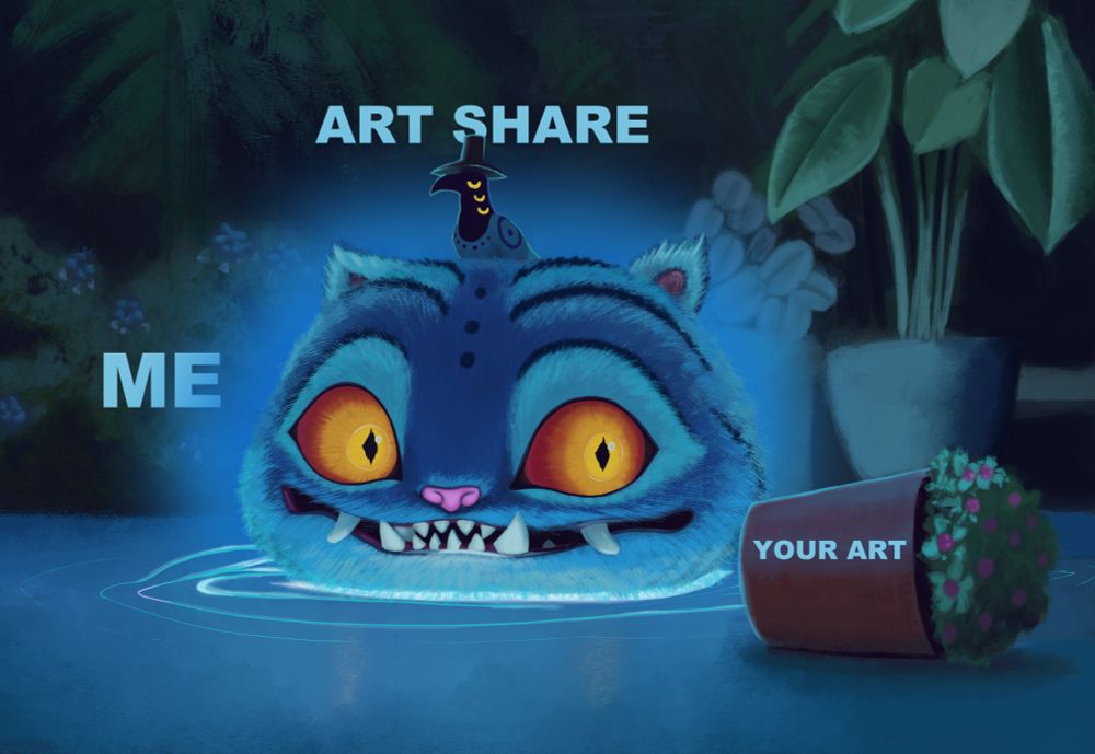 study of the scene from KPop Demon Hunter where the derpy tiger decends into a glowing puddle. The tiger is looking at the fallen over potted plant in the foregeound. the 3 eyed bird with a top hat is on his head giving no cares. The tiger is blue with large red and yellow eyes. behind them is various plants illuminated by the glowing puddle. 
text on screen ART SHARE, ME, YOUR ART