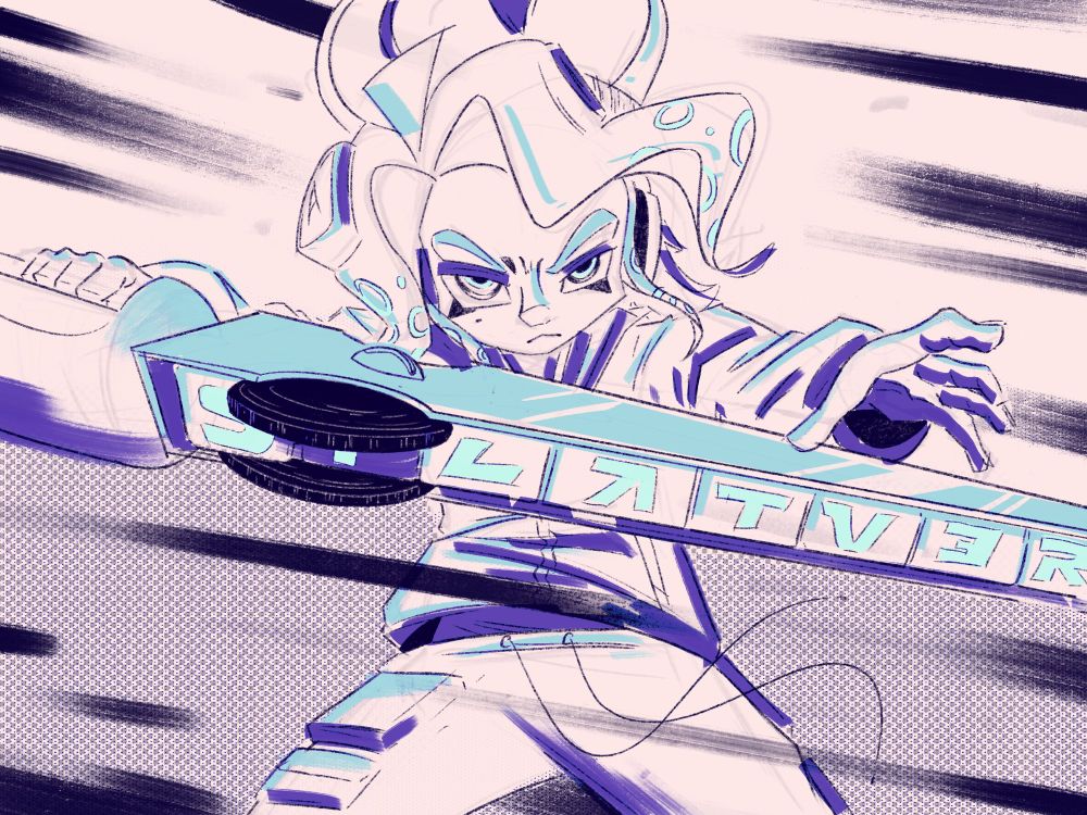 An octoling holding a splatana stamper in front of him across his body. It’s a quick sketch with a blue and purple color pallette