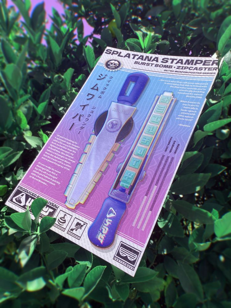 an image of sketchwave’s new retro splatana stamped poster, available starting tomorrow at 12p est!