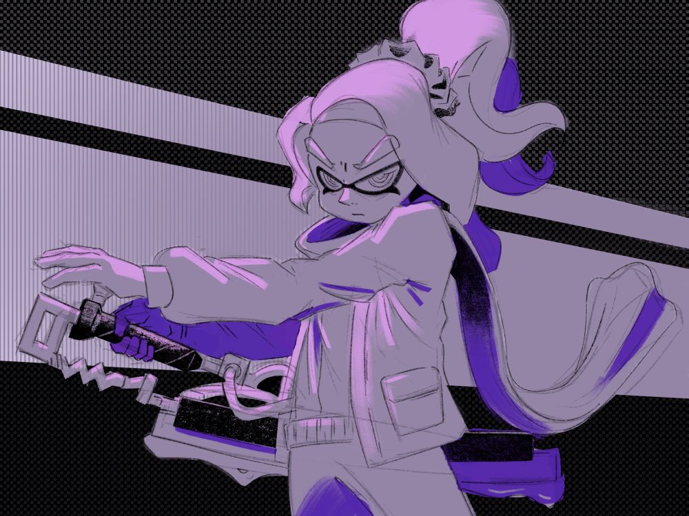 a rough drawing of a female inkling holding a splatana wiper with her right hand, with the end being out in front of her and the blade going past her waist behind her. she reaches out to the end of the wiper with her left hand, and her scarf flows in the wind