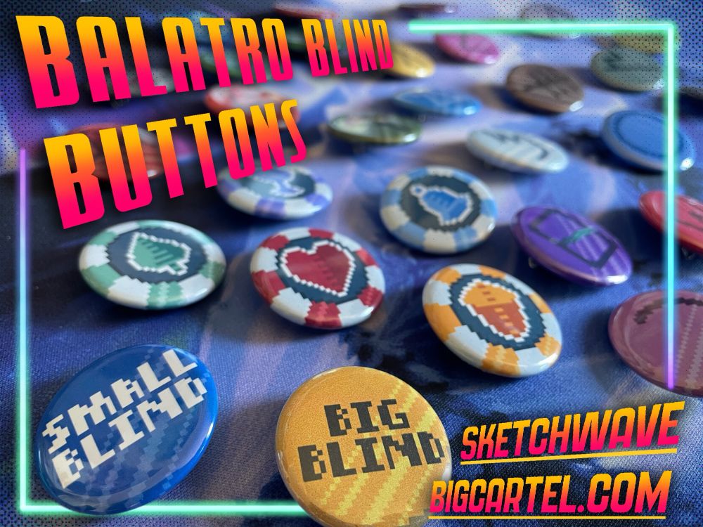 An image of the several blinds from the game Balatro in the form of pinback buttons! They’re available for purchase at https://sketchwave.bigcartel.com