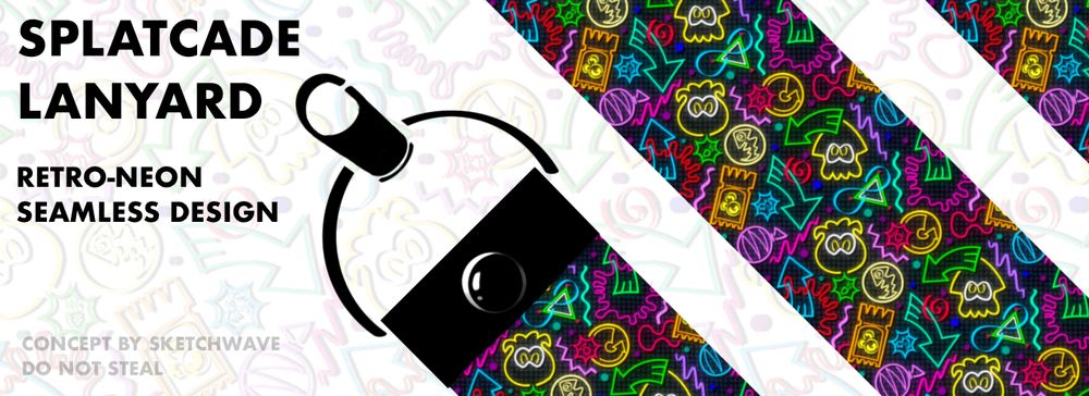 an image of a design concept for a lanyard, showing neon designs of splatoon figures (like squids, octopi, arrows, weapons, coins, and other shapes) to appear like the floor of an arcade 