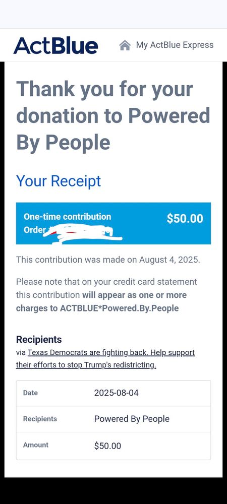 Receipt for a $50 donation to help Texas Democrats 