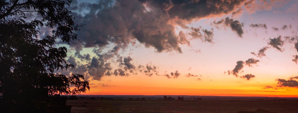 Choppy clouds at sunrise. A tree in silhouette in the foreground and field in the distance.