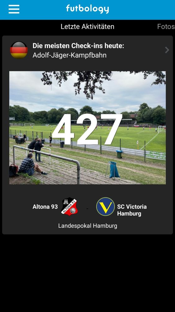 Futbology App Screenshot, am meisten Check-Ins heute: 427 (Personen), Altona 93 - SC Victoria Hamburg