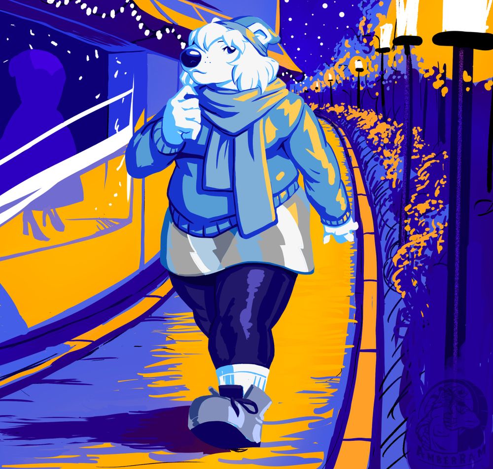A cute shy polar bear woman on a walk at night down an orange lit pathway, lined with lamp posts and shops.