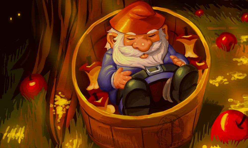 A warmly lit basket of eaten apples at the foot of a tree with the culprit sleeping inside. They seem to be a gnome with a red hat, white beard, blue tunic and a grey belt and boots. There are unspoiled apples strewn about in the sun spottled grass, and a mysterious pair of eyes in the dark behind them.