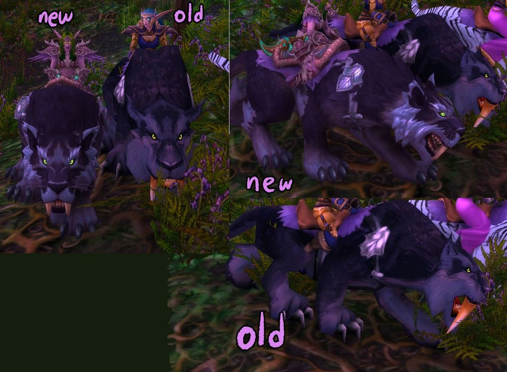 Comparing old and new kaldorei nightsabers. The side profile is particularly different with shorter teeth, brighter more exaggerated cheek fluff, and what i would consider a strange expression.