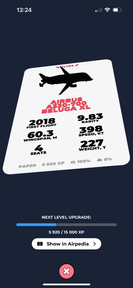 A screenshot from the app Skycards showing a normal card of an Airbus Beluga.