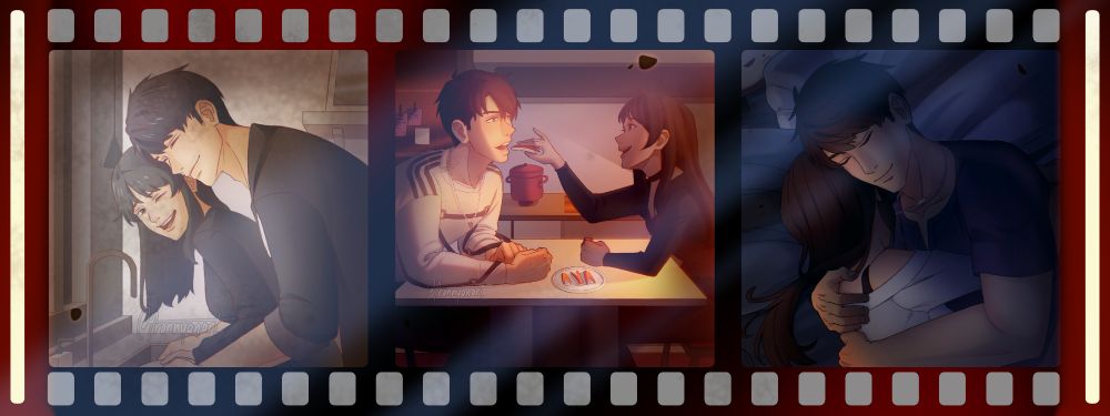 Fan artwork of Caleb and MC from Love and Deepspace doing mundane activities throughout the day ina  film strip like layout