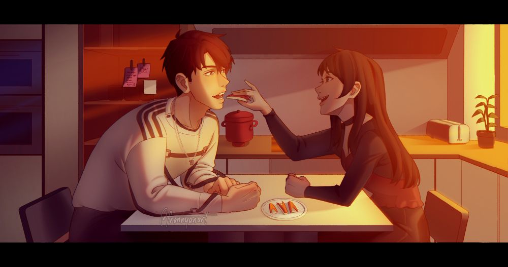 Fan artwork of Caleb and the main protagnoist from Love and Deepspace sharing sliced apple bunnies in the evening