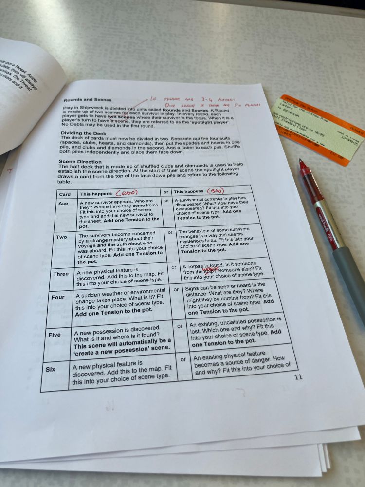 A page of text from my Shipwreck! game. It’s mostly a table showing good and bad things tat will happen as cards are drawn during the game.