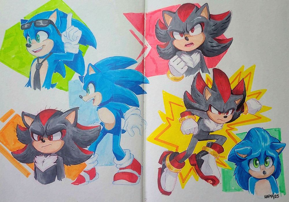 a sketchbook spread of poses from Sonic 3. They include Shadow and Sonic, and splashes of color behind each pose. They are colored in alcohol marker. 