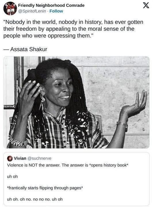a tweet by @SpiritofLenin with a photo of Assata Shakur. text: "Nobody in the world, nobody in history, has ever gotten their freedom by appealing to the moral sense of the people who were oppressing them." -- Assata Shakur 

the tweet is quoting a tweet by @suchnerve. text: Violence is NOT the answer. The answer is *opens history book*

uh oh

*frantically starts flipping through pages*

uh oh. oh no. no no no. uh oh.