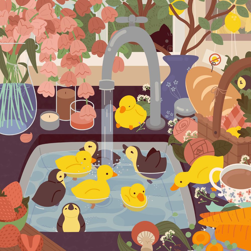 an illustration of ducklings in a kitchen sink with the faucet on. on the counter are flowers, fruits, vegetables, and a bread basket with a sign that says "no ducks!" there is a cat peeking in the window over the sink 