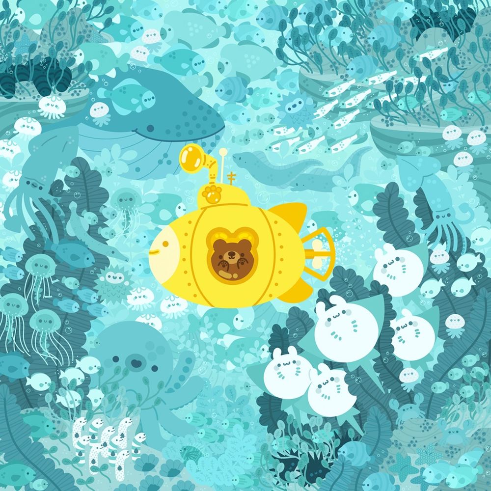 illustration of a bear in a yellow fish-shaped submarine, surrounded by teal aquatic life. there are manta rays, octopi, a whale, eels, jellyfish, and a variety of fish. 