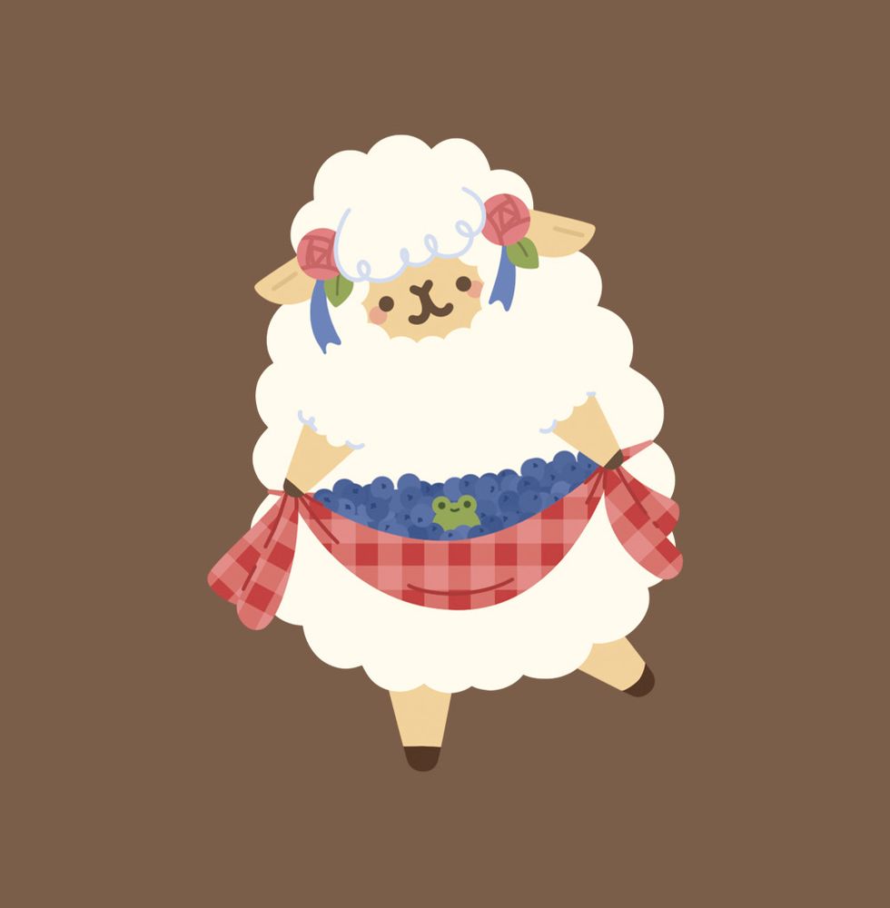 Illustration of a fluffy white sheep holding a red gingham apron full of blueberries and a single green frog. 