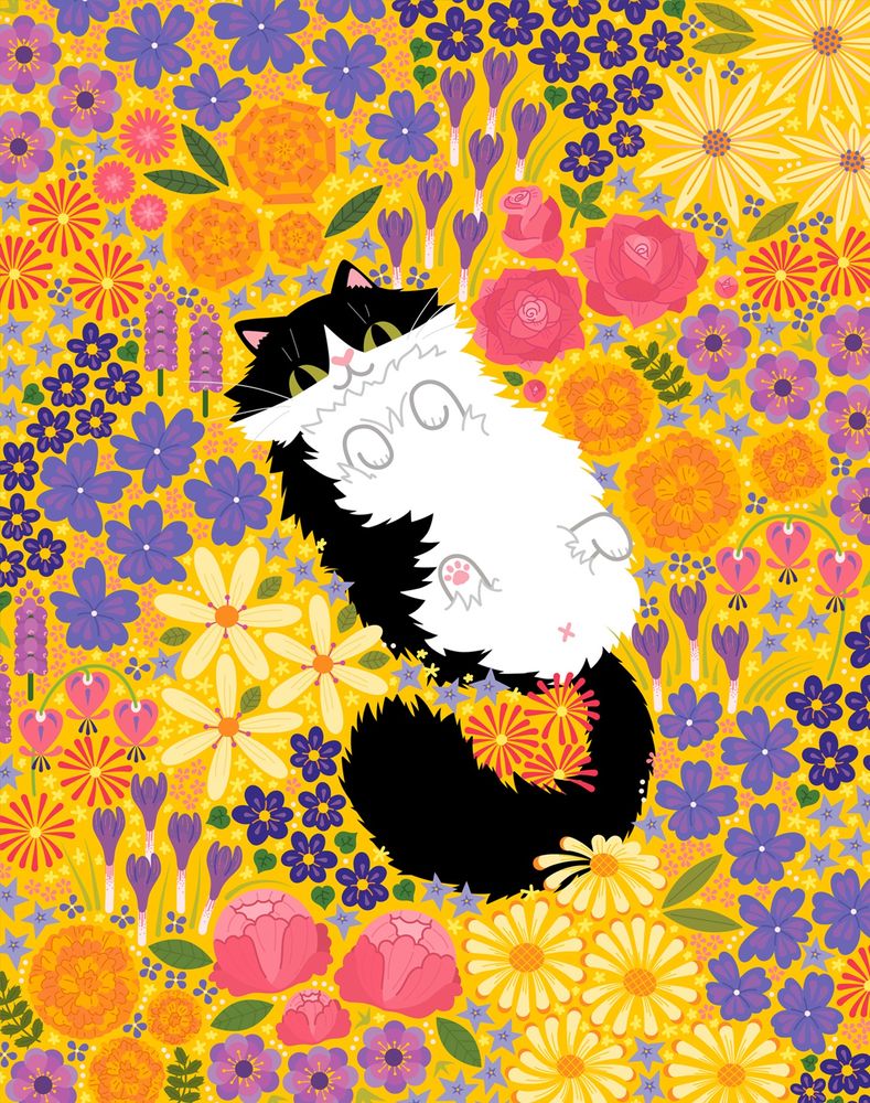 illustration of a long haired tuxedo cat on her back against a bunch of different flowers- some real, some not. the colors of the illustration are yellow, pink, purple, blue, orange and green. some real flowers included are crocus, rose, peony, anemone, bleeding heart, grape hyacinth, and daisies. 