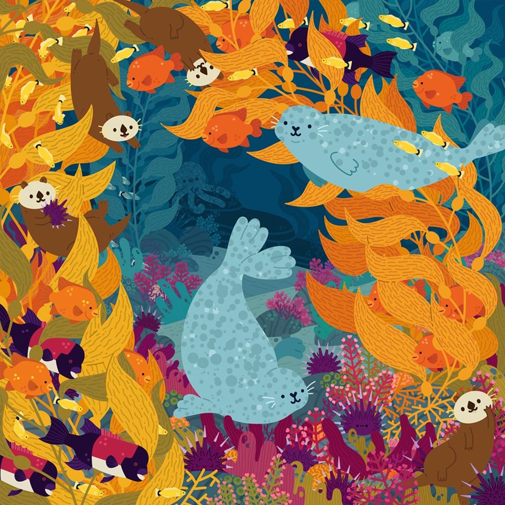 a colorful kelp forest illustration of harbor seals, sea otters, garibaldi fish, california sheephead fish, senorita fish, urchins, sea stars, and an octopus hiding in the background. hiding is a generous term. 
