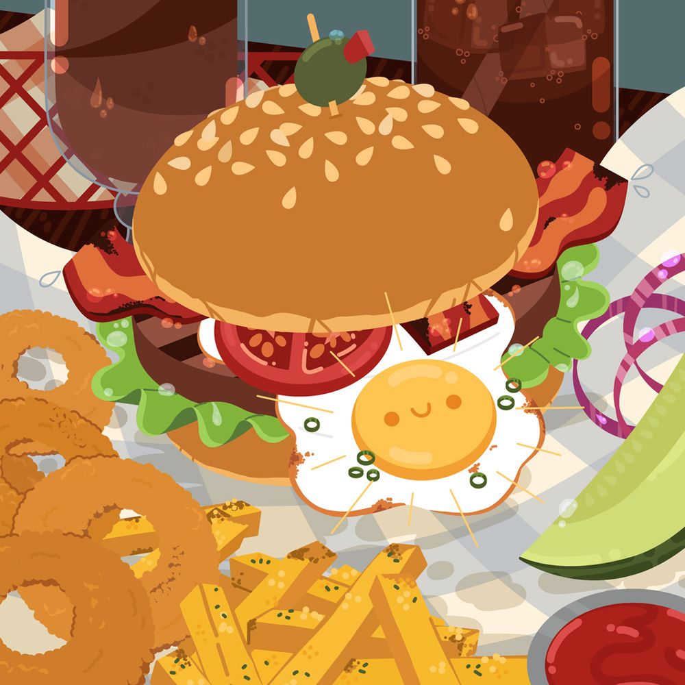 illustration of a burger with an egg with onion rings, french fries, a pickle, some onions and two glasses of soda 
