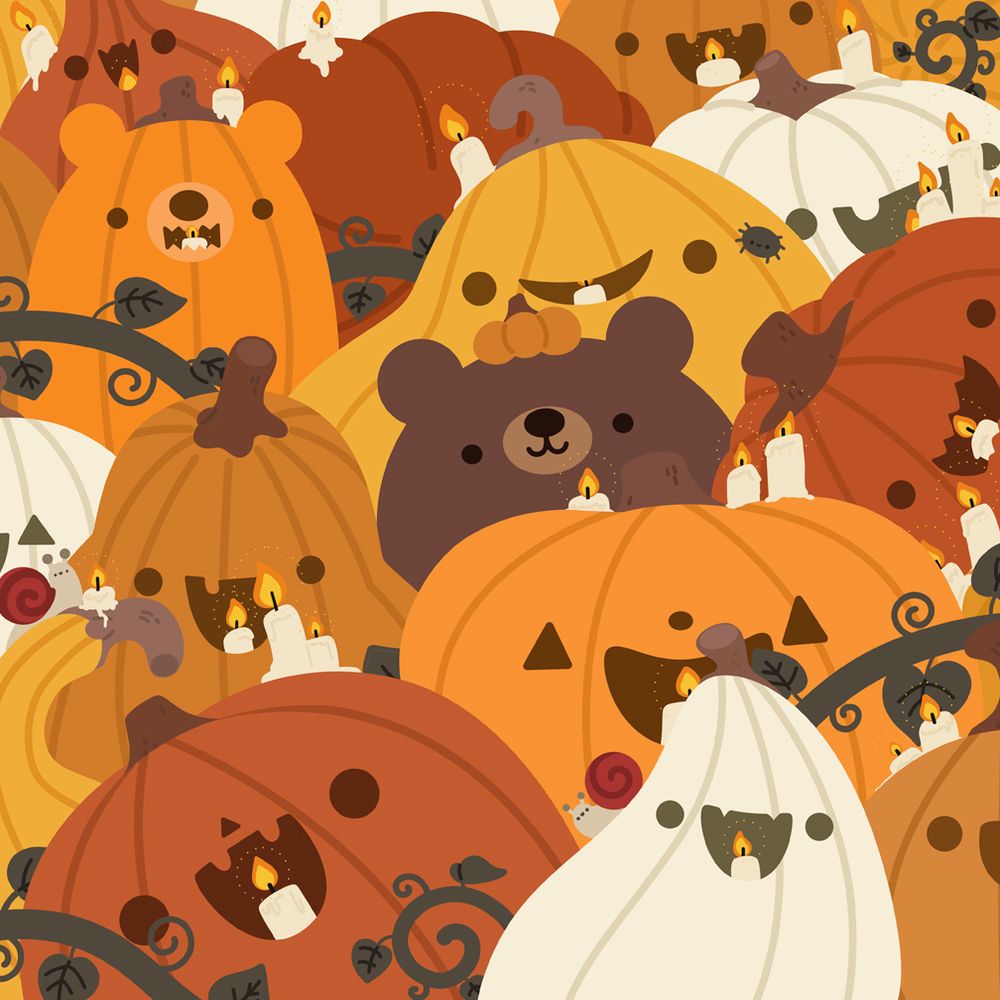 illustration of a brown bear hidden amongst multi colored jack-o-lanterns 