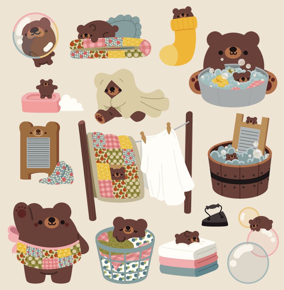 illustration of bears doing laundry- washing things in a tub, washboard, miscellaneous laundry effects such as bubbles and soap and irons 