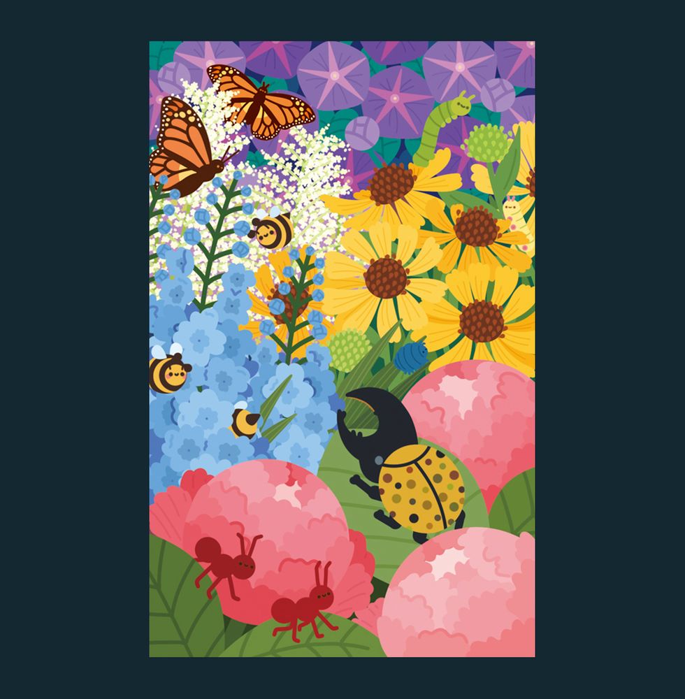 illustration of bugs among flowers- ants that crawl along peonies while a hercules beetle hangs out on a leaf, bees among delphinium, caterpillars that traverse sneeze weed, monarchs amongst goats beard, and morning glories fill the back